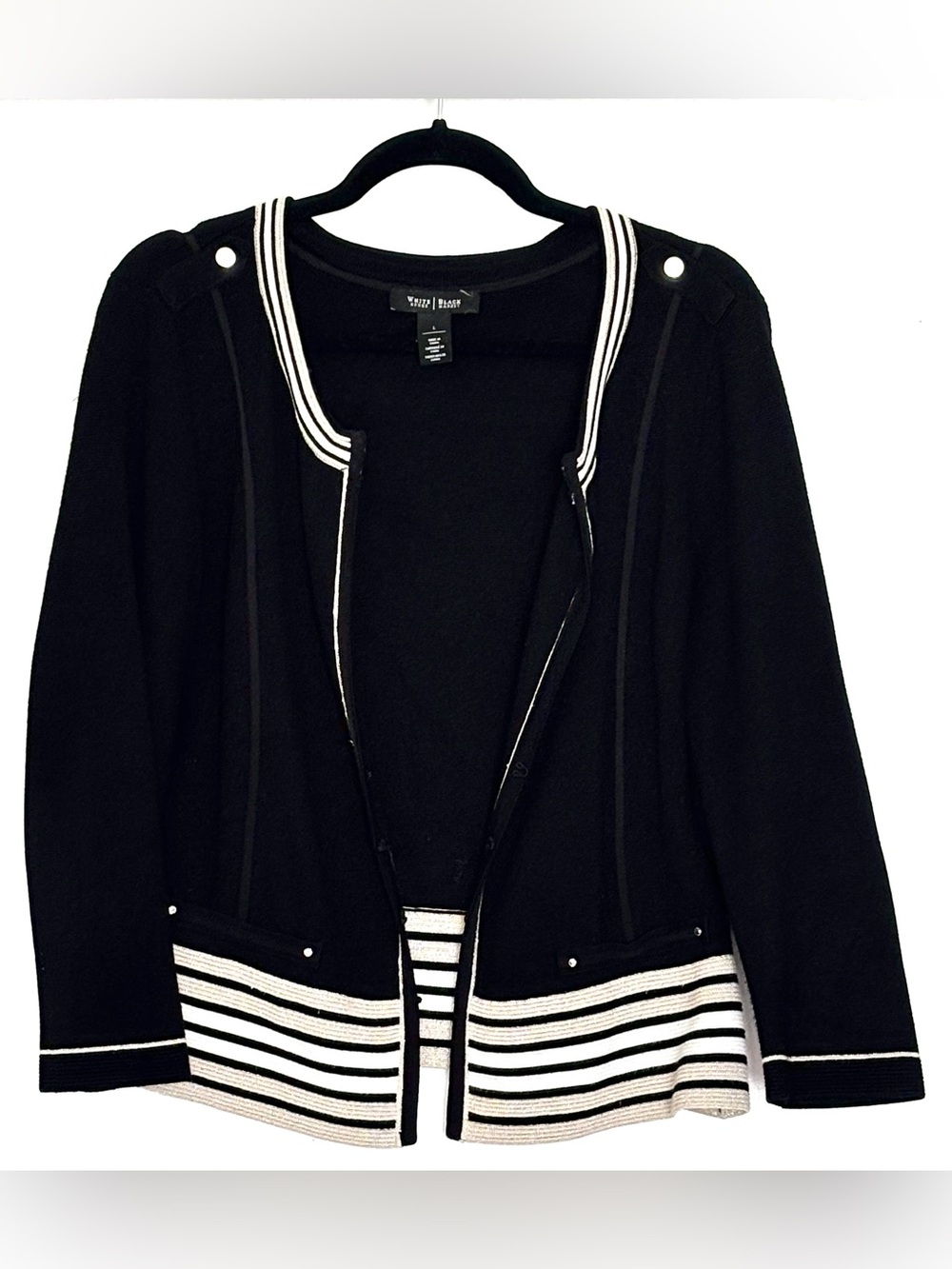 White House Black Market Milano Stripe Epaulette Sweater Jacket Black Size L